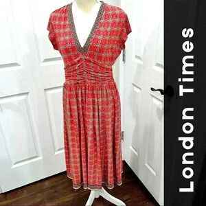 London Times Midi cinched waist v- neck dress